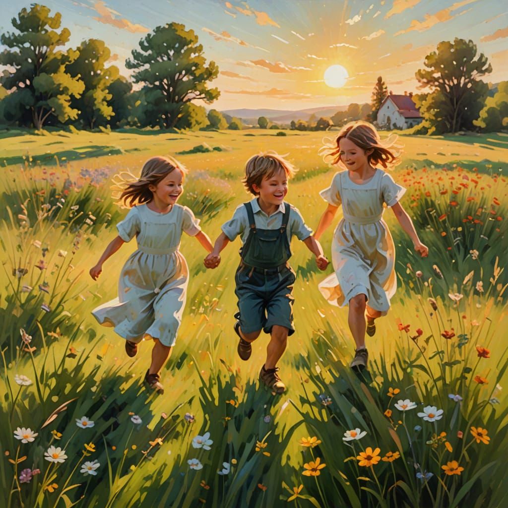 Children Playing in Meadow: Impressionist Painting