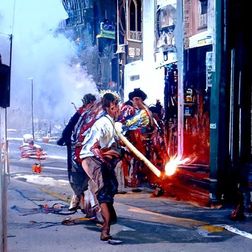 people in the street fightng with roman candle firework shoo...