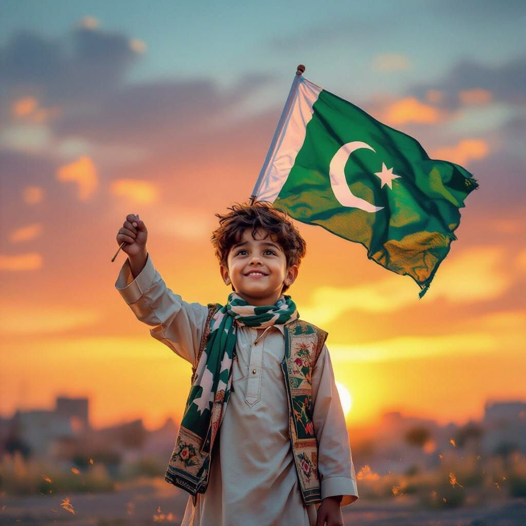 Patriotic Boy with Pakistan Flag at Sunset