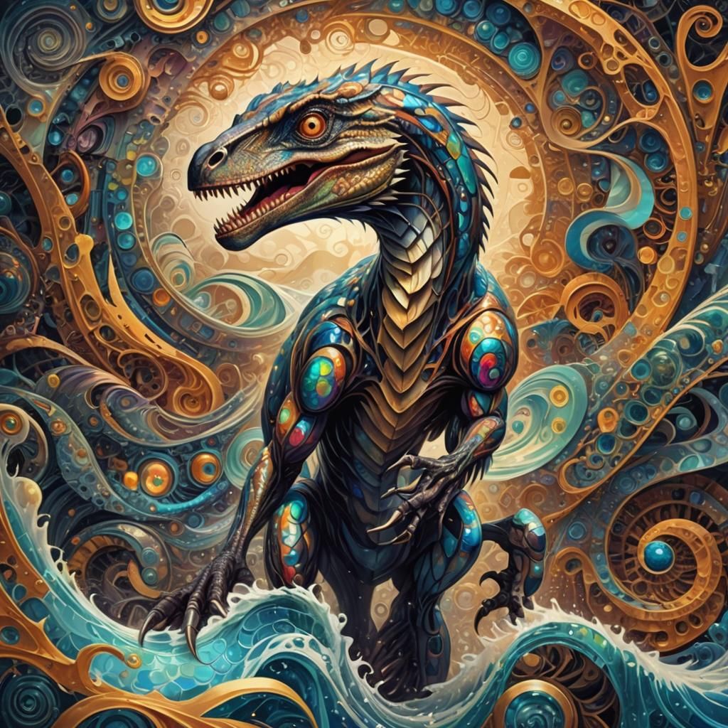 Quantum Velociraptor Surfing Time Waves with Fractal Energy