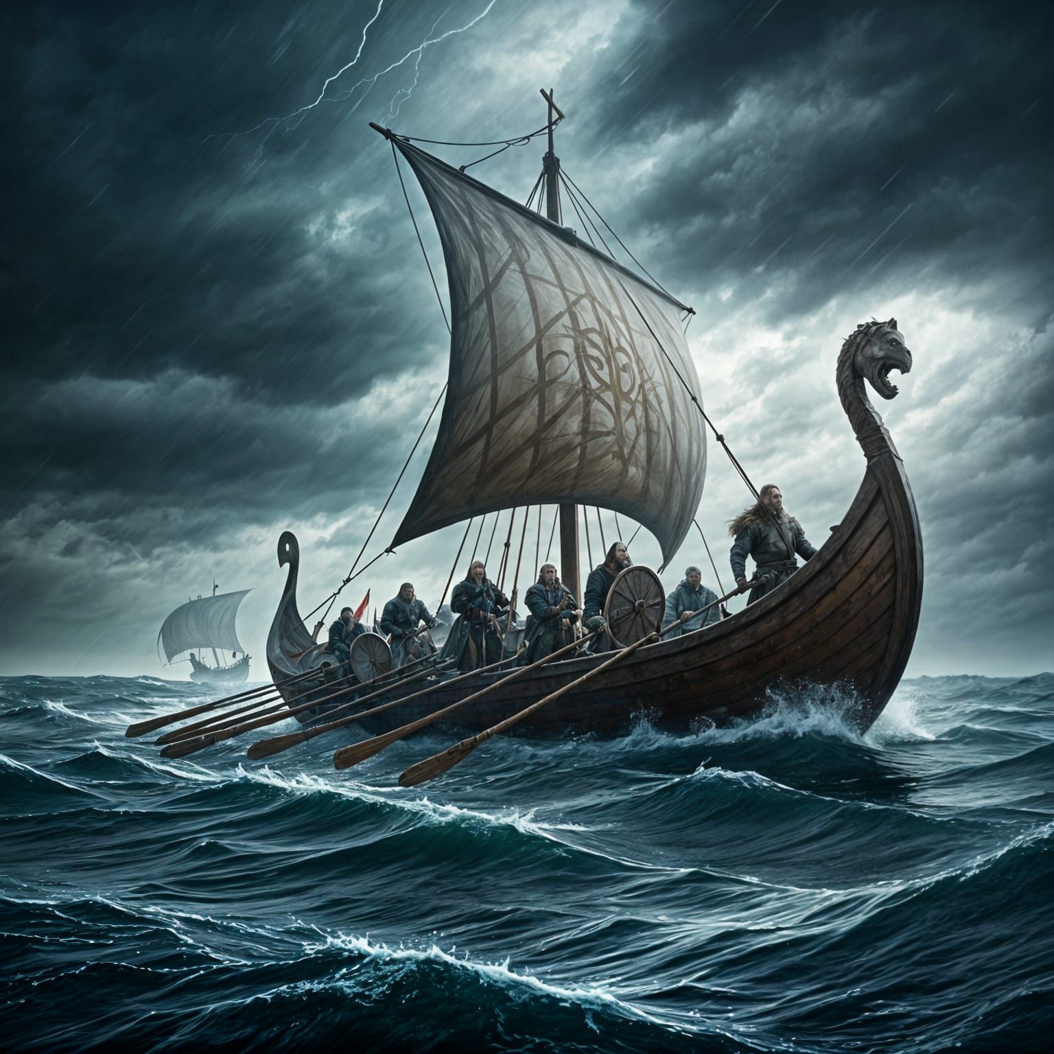 Vikings sail to Russia on drakkars. Storm, they are fighting...