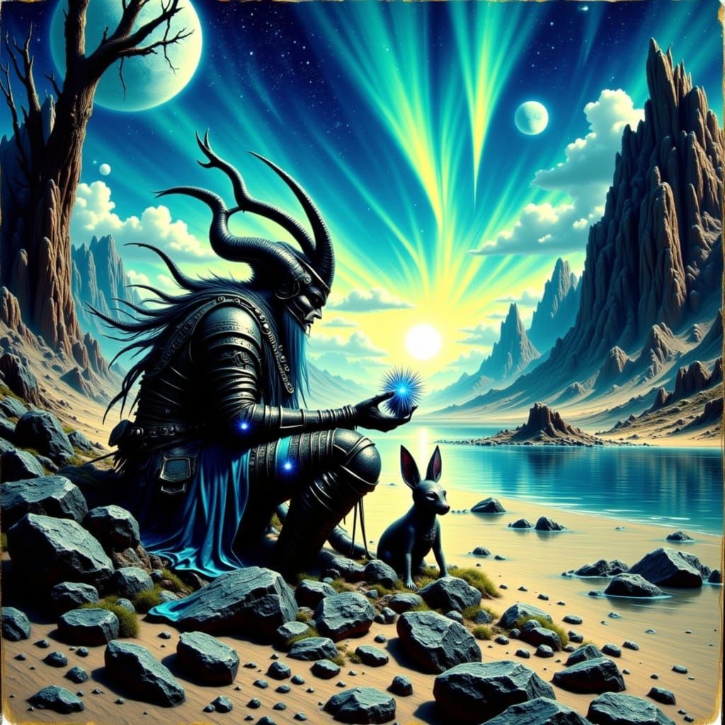 Wise Warrior Offers Healing to Alien in Cosmic Oasis