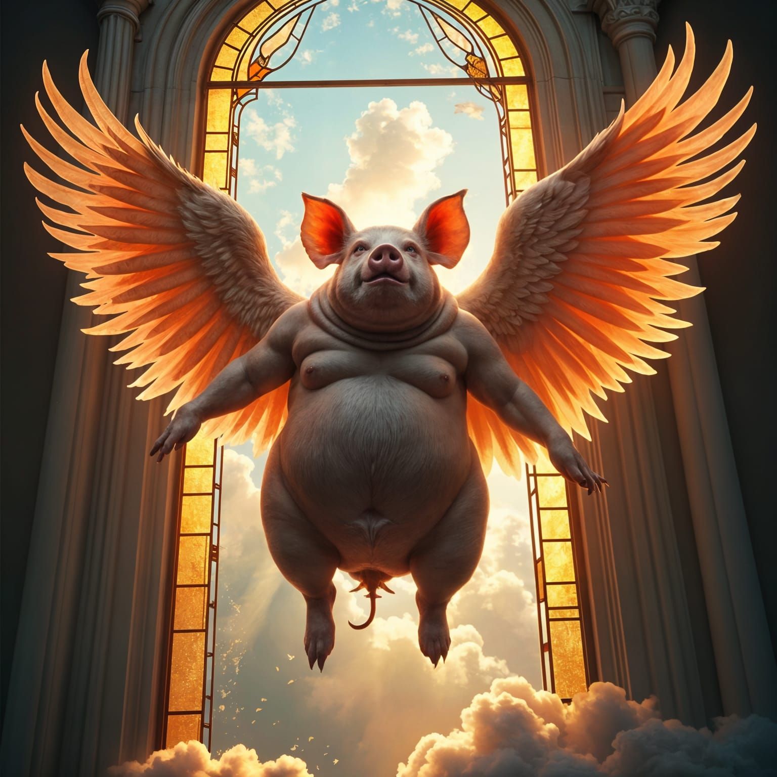 Winged Pig Flies Through Ethereal Clouds