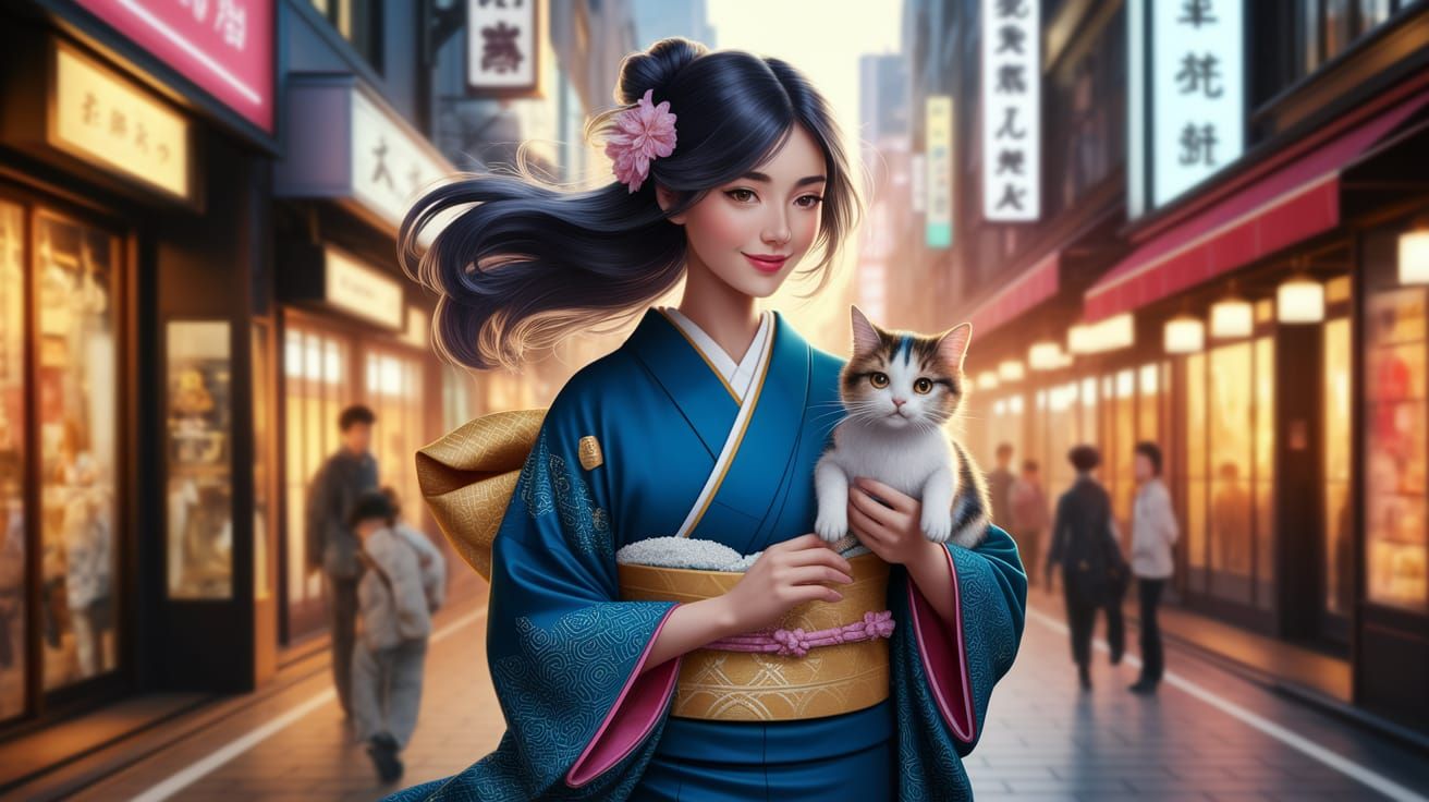 Japanese Woman and Cat in Tokyo Street Scene