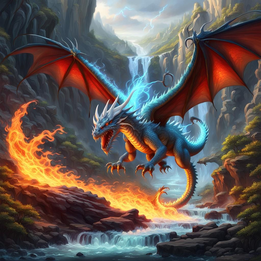 Dragons and Phoenix in Dark Fantasy Landscape