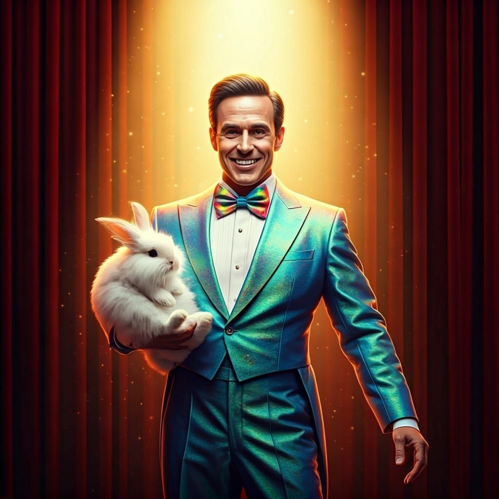 Spectacular Stage Magician in Opulent, Rainbow-Colored Attir...