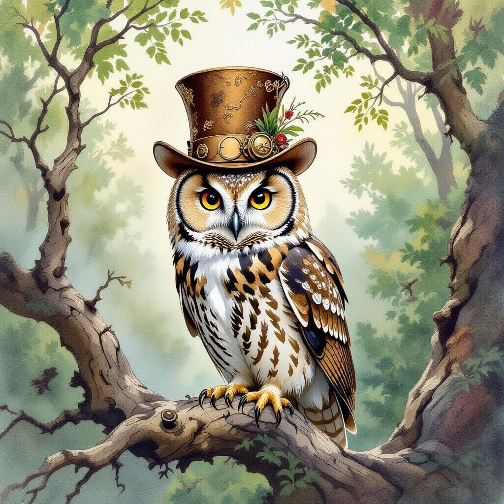 Elegant Steampunk Owl in Watercolor Forest