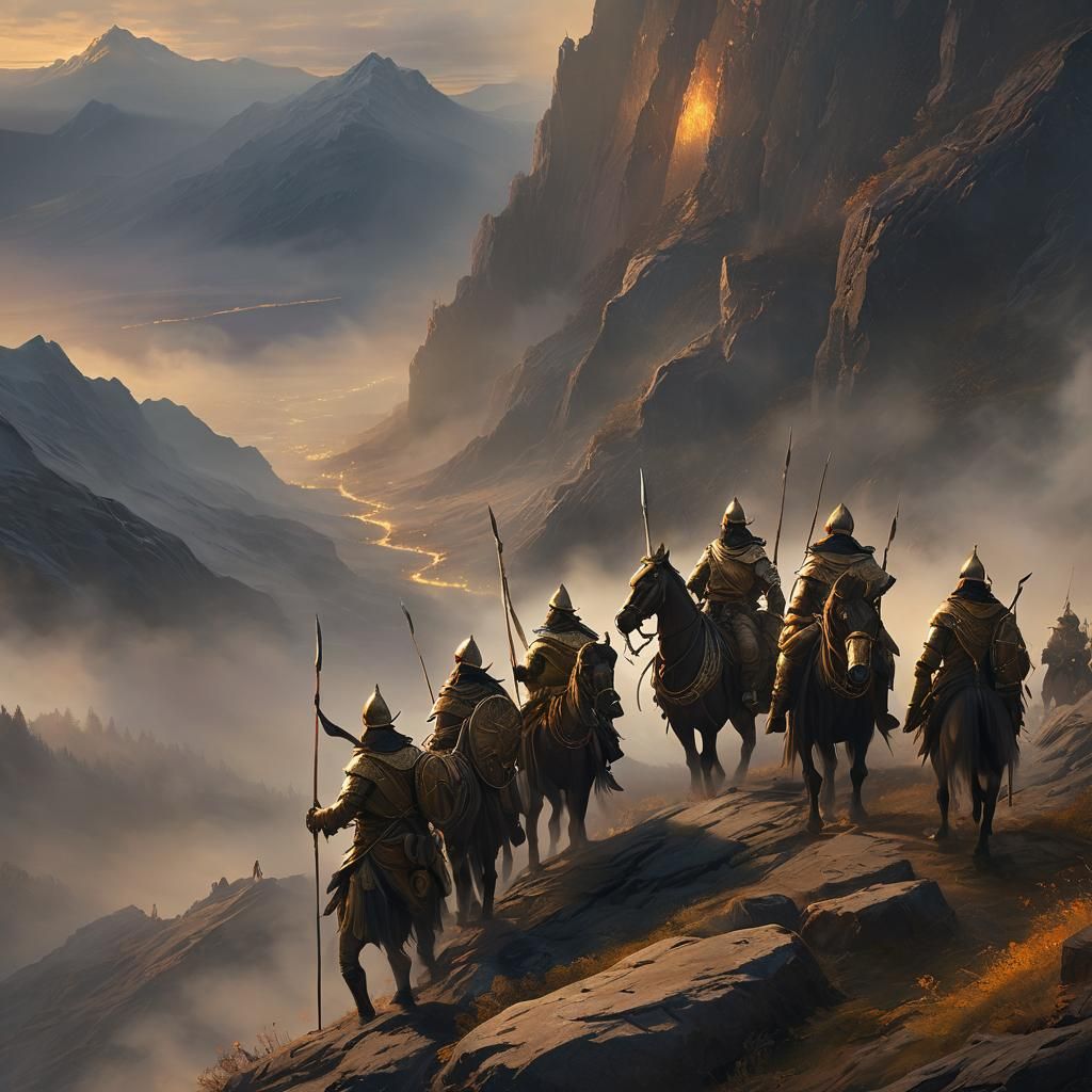 Warriors Ascend a Misty Mountain at Sunset
