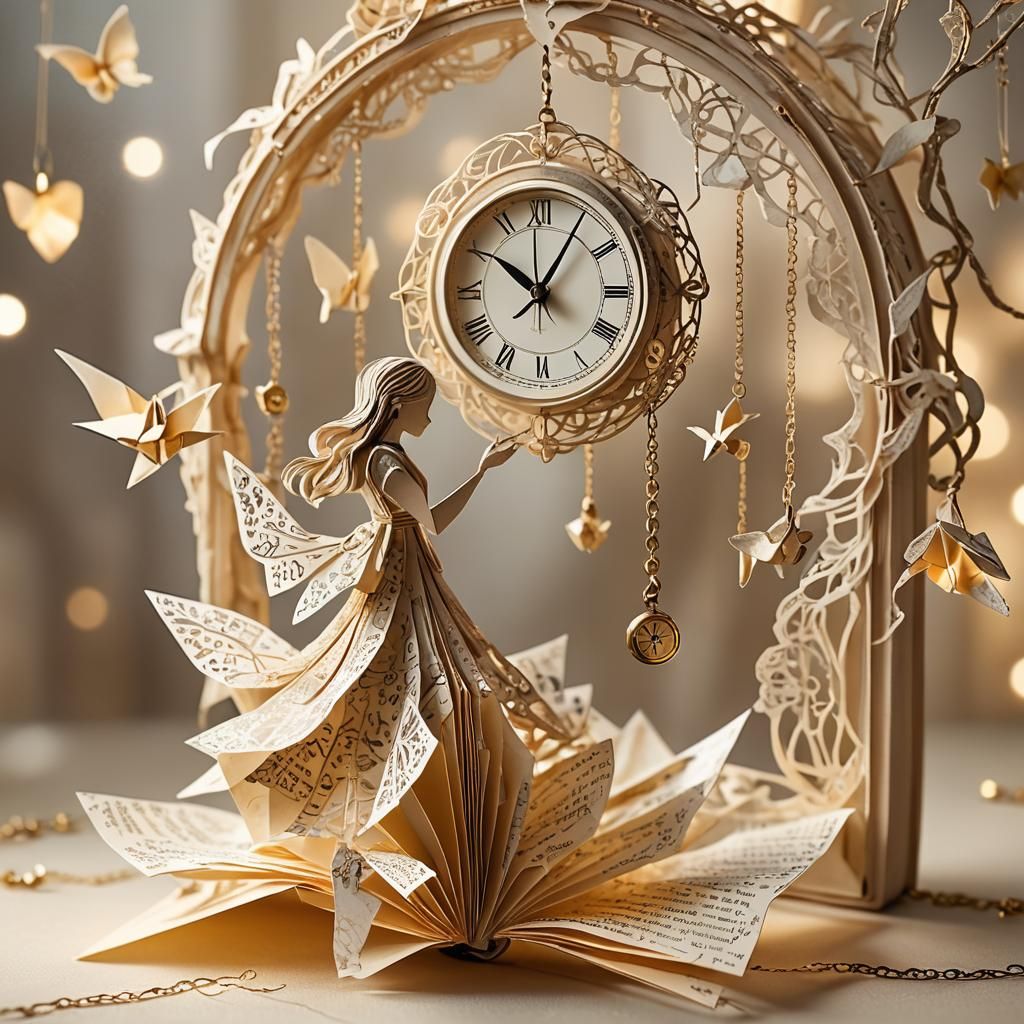 Origami Papercraft: Clock, Book, and Girl