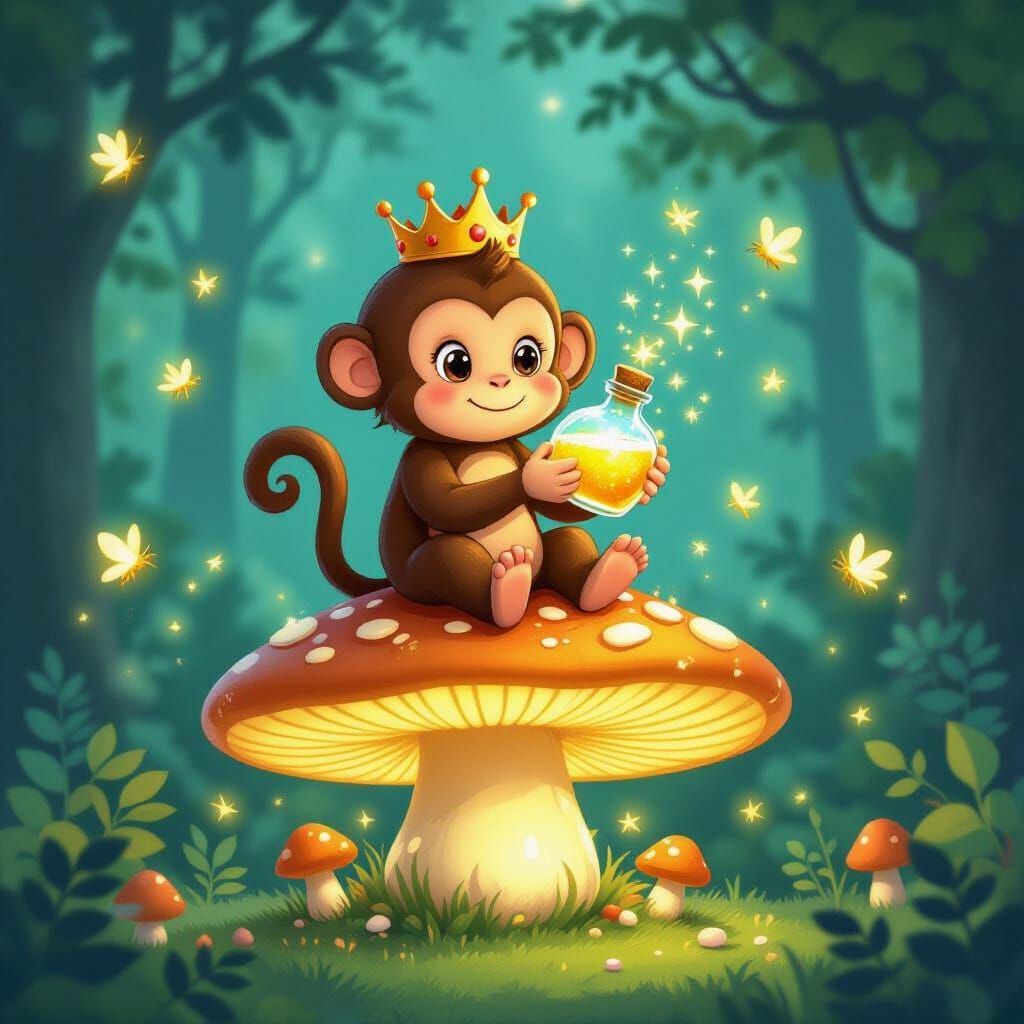 Whimsical Monkey on Glowing Mushroom in Enchanted Forest