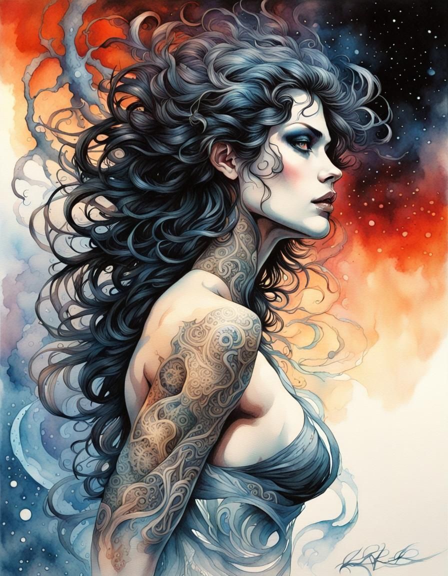 Gothic Man Flying in Space: Watercolor and Ink Art