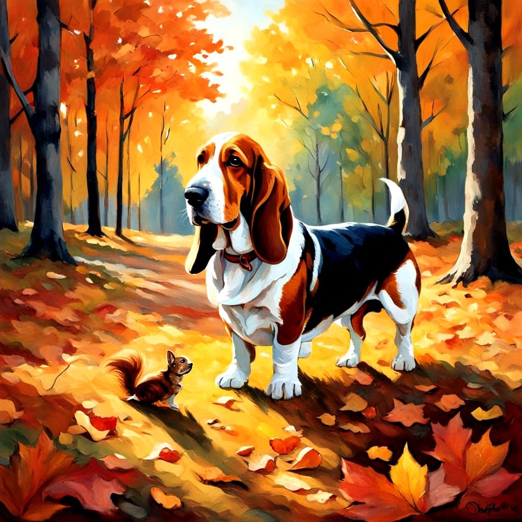 Cute Basset Hound Smiles Watching Squirrel