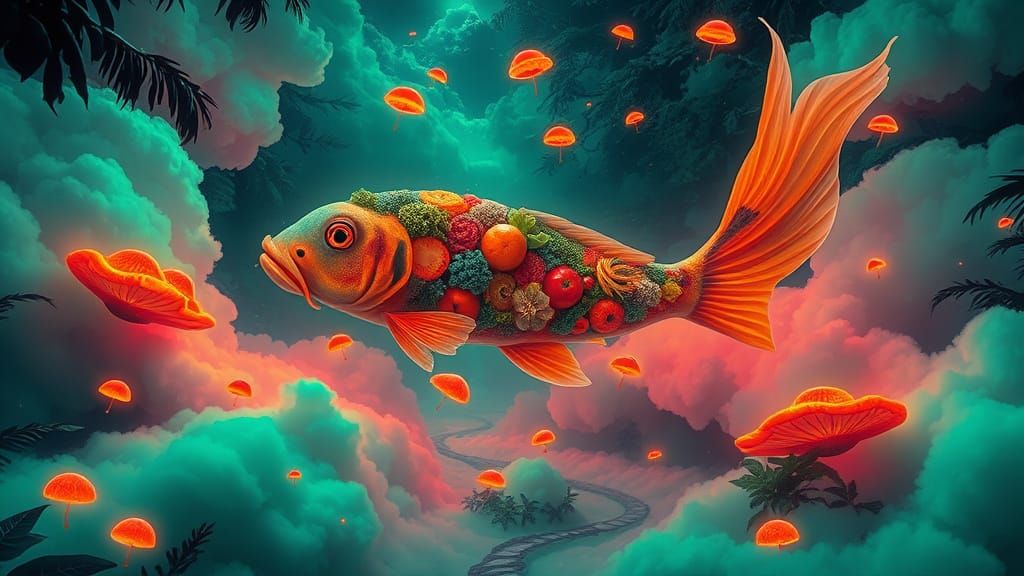 Bioluminescent Jungle Dreamscape with Koi Fish