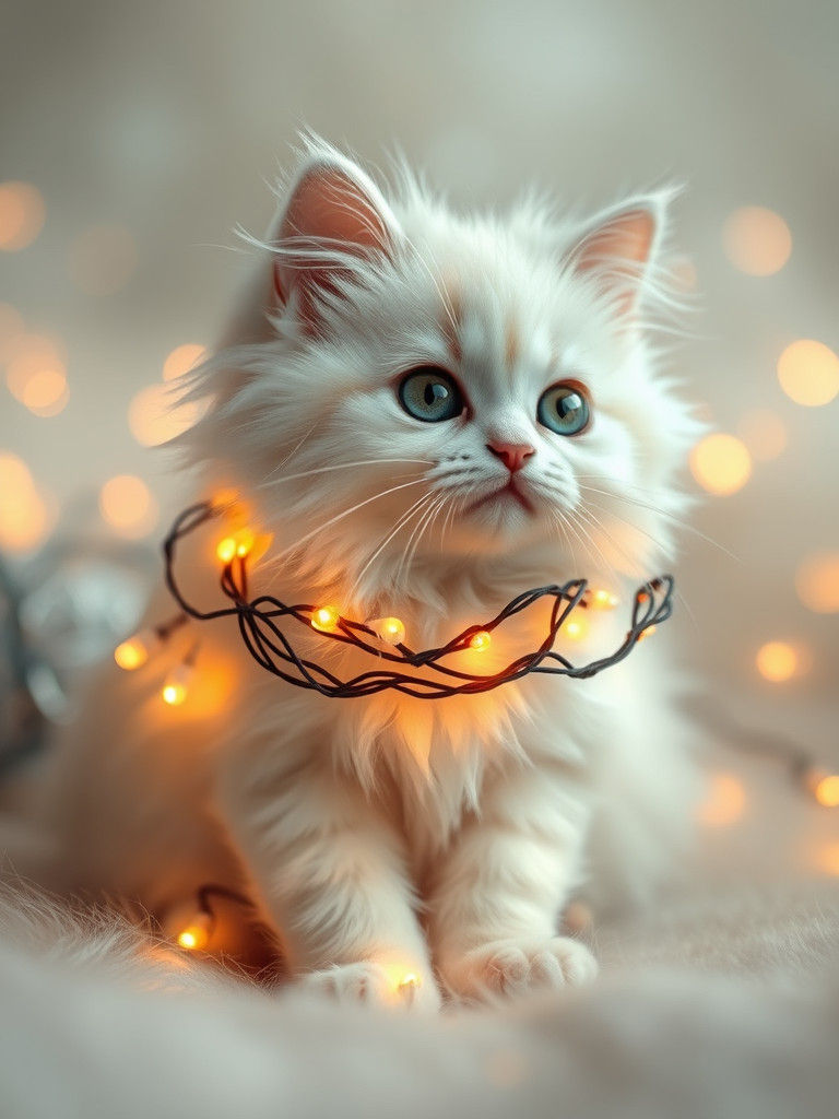 White Persian Cat with Lighted Garlands