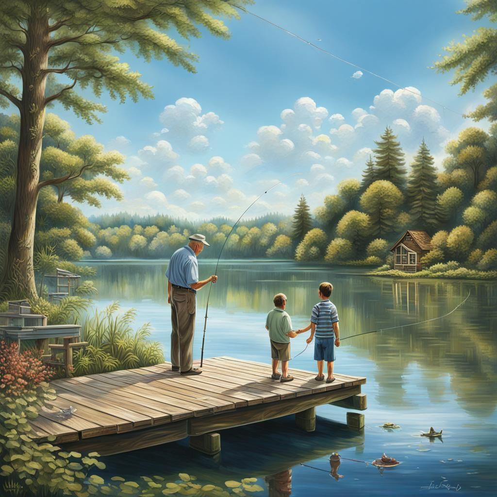 Grandfather and Child Fishing in Peaceful Lakeside Scene