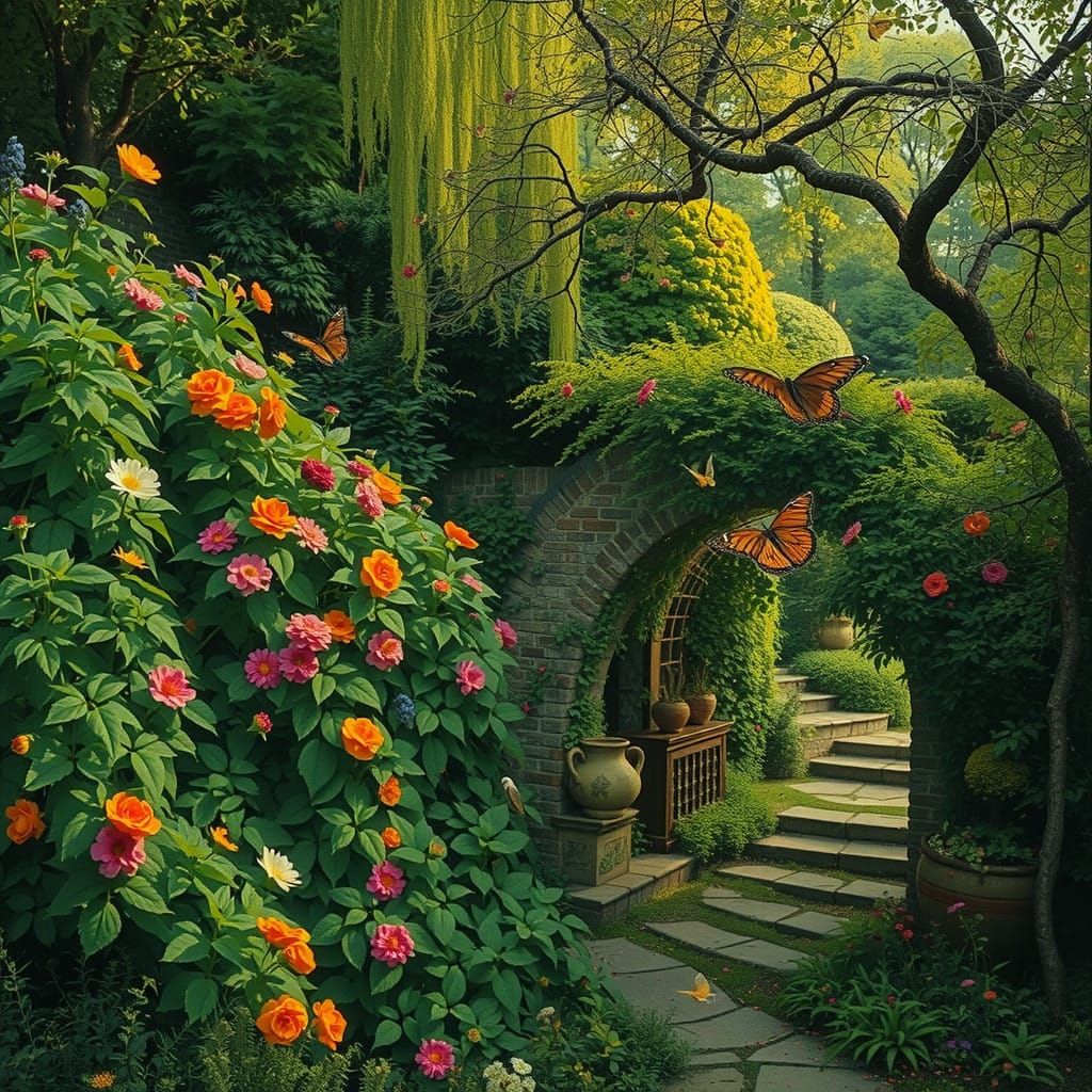 Vibrant, Overgrown Garden in Warm Sunset Light