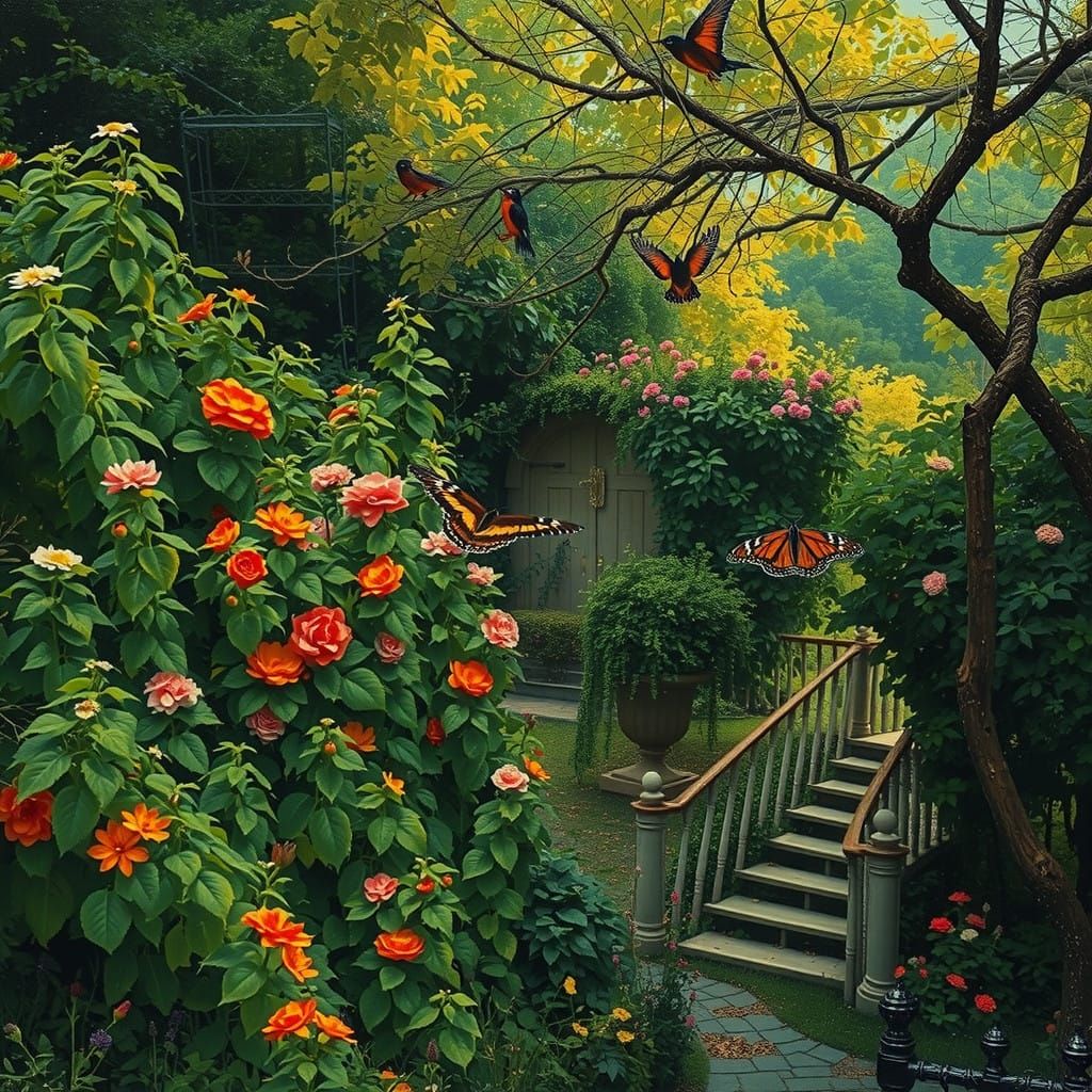 Romantic Overgrown Garden at Sunset
