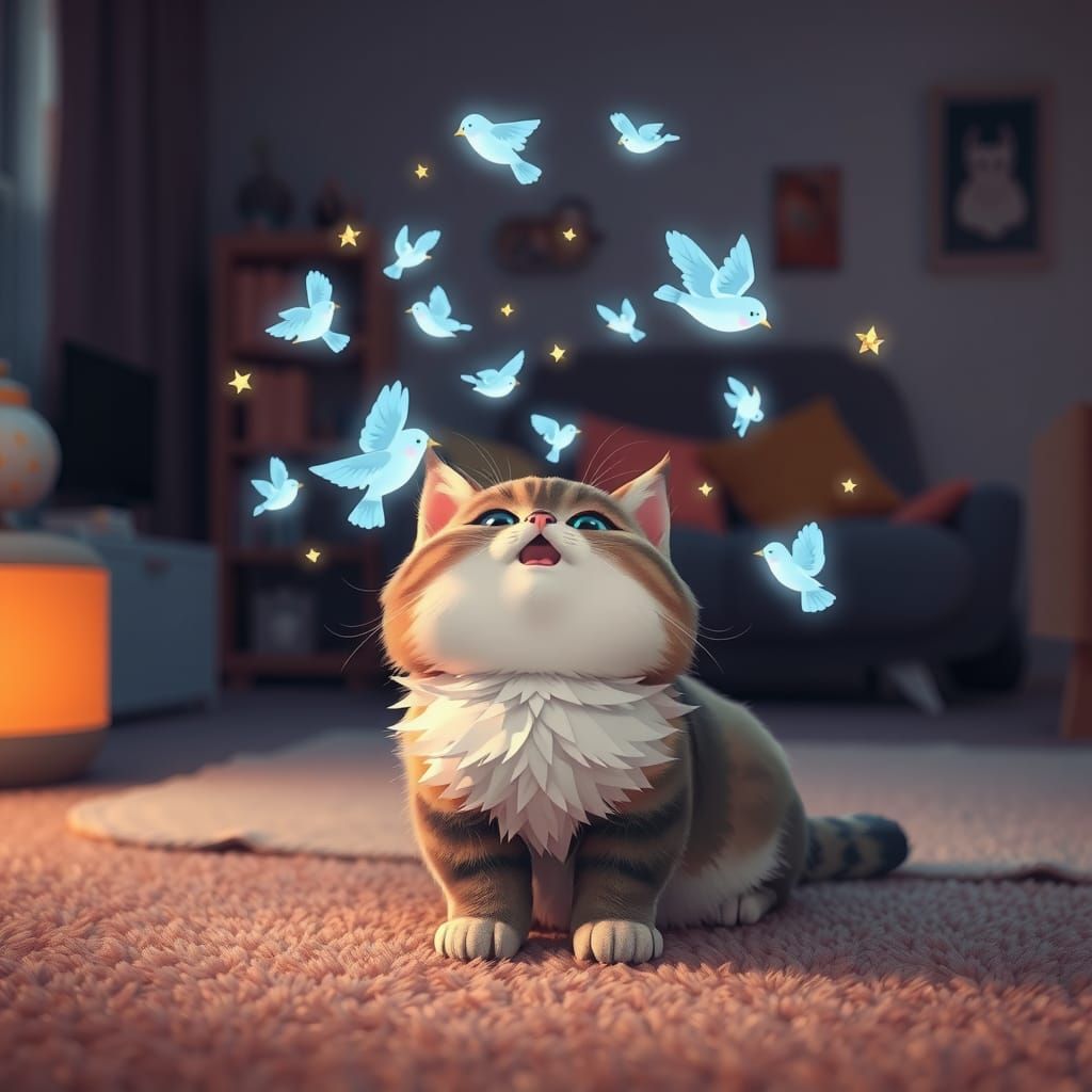 Dizzy Cat Surrounded by Cartoon Birds and Stars