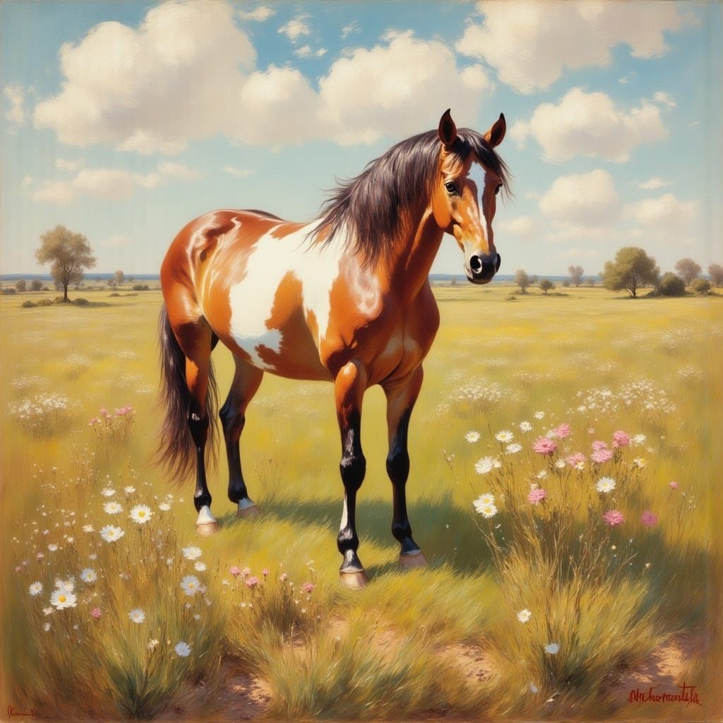Classic Horse in Dreamy Gouache Landscape