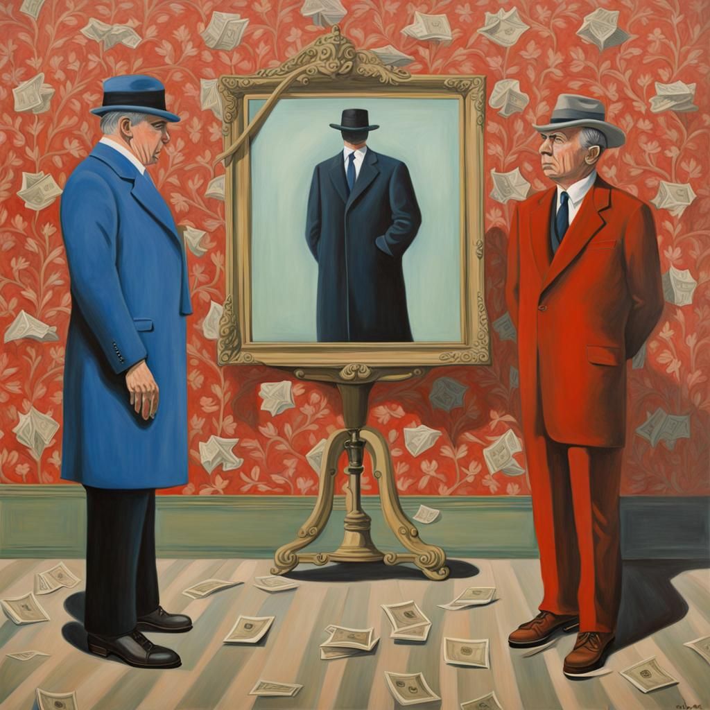 Surreal Social Commentary Painting in Magritte Style