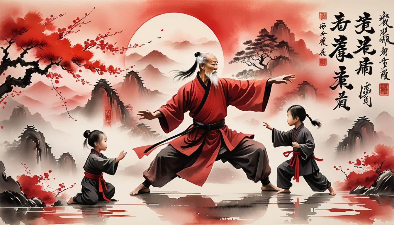 Kung-Fu Master and Apprentice Sparring, Ink Wash Painting