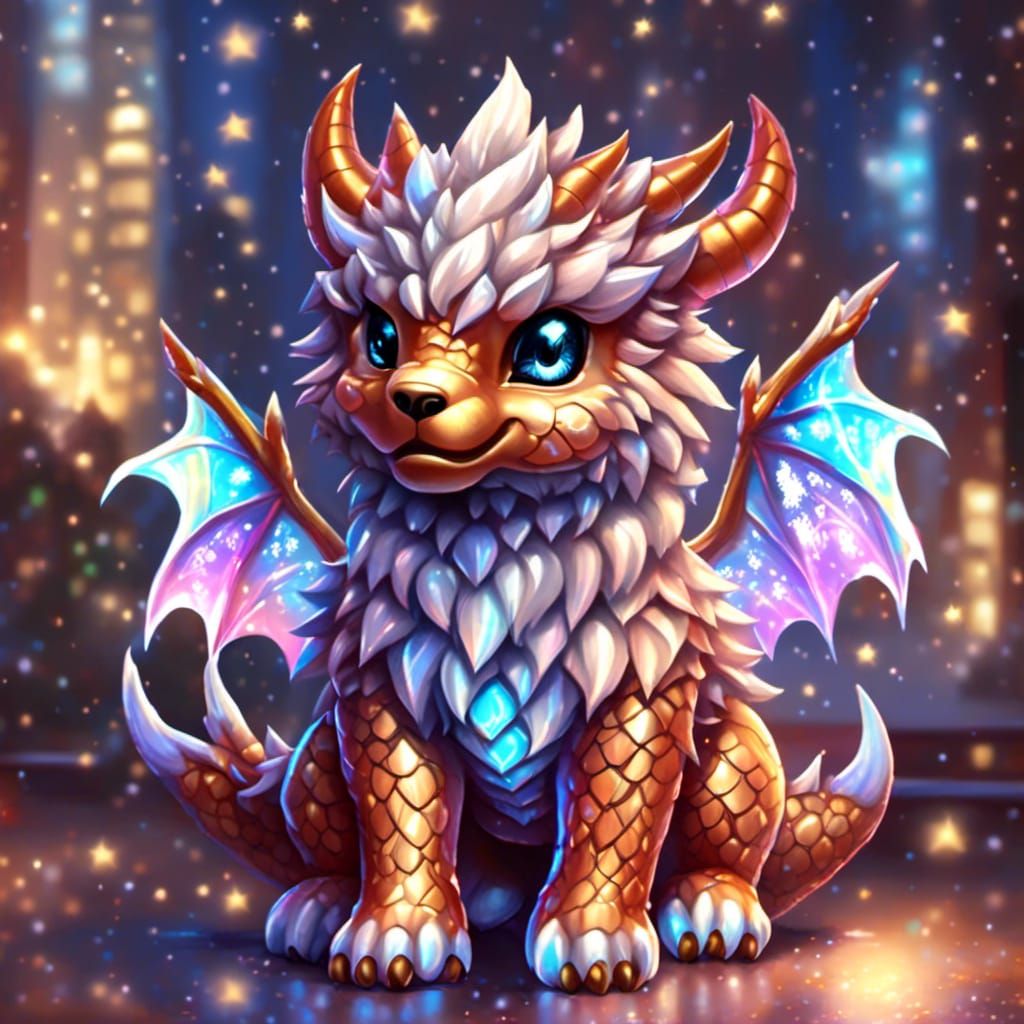 Holographic Chibi Dragon with Fluffy Fur and Snowflakes