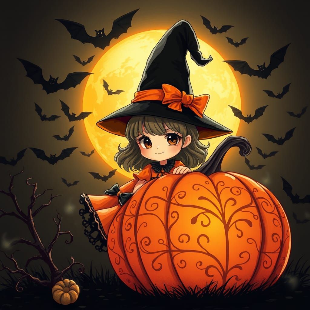 Charming Little Witch in Anime Manga Style