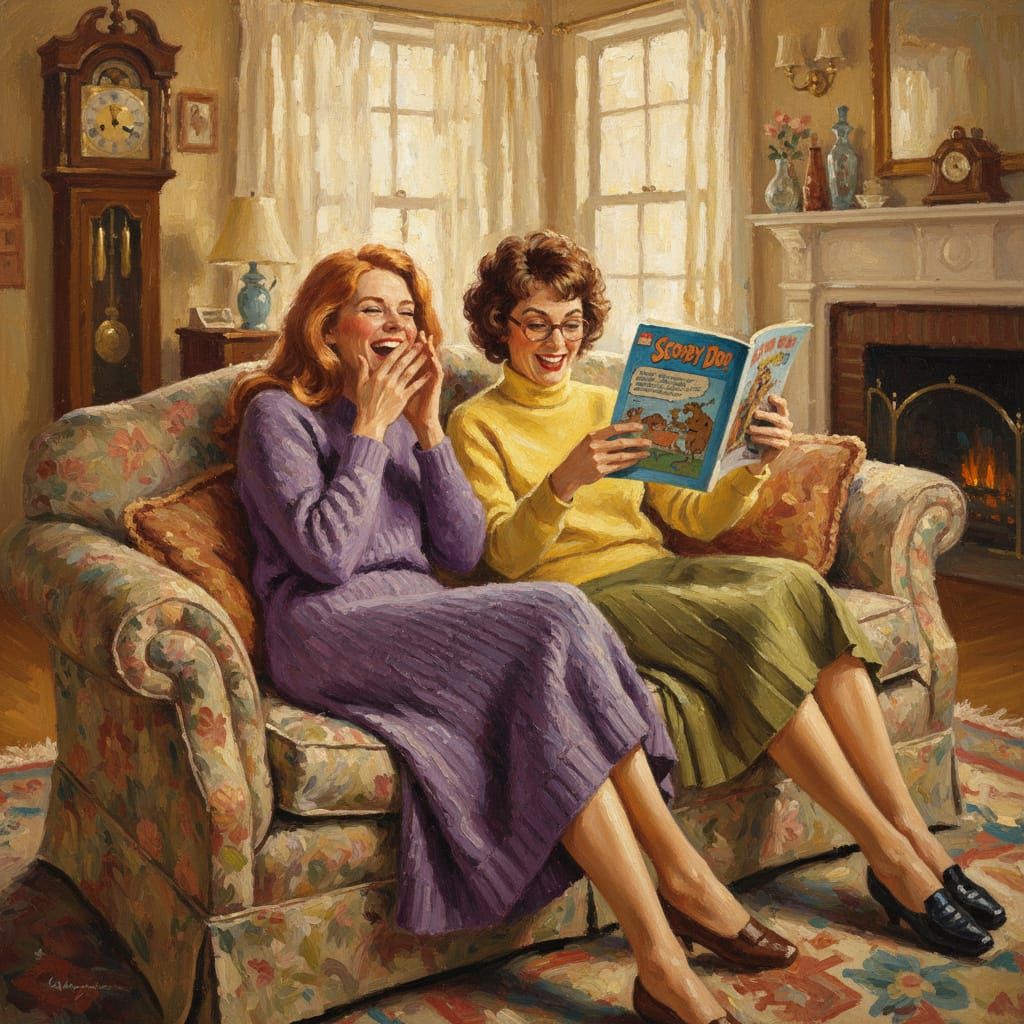 Impressionist Oil Painting of Two Women Laughing