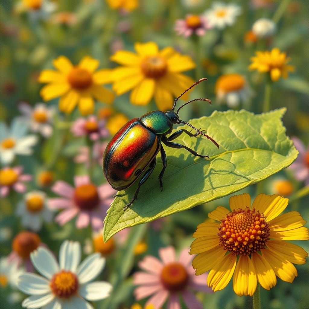 Surreal Beetle Amidst Vibrant Garden Blooms in Botanical Art...