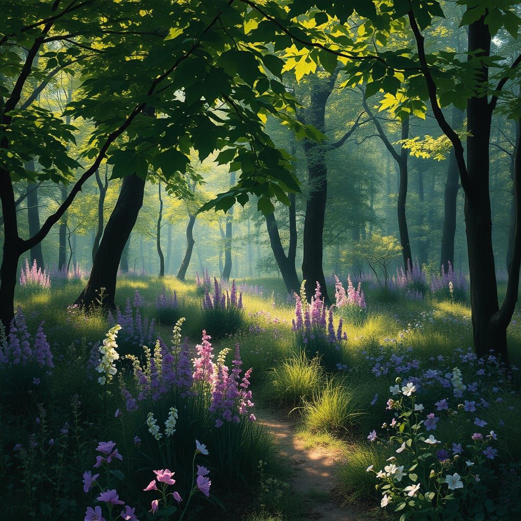 Mystical Forest Clearing in Pre-Raphaelite Style