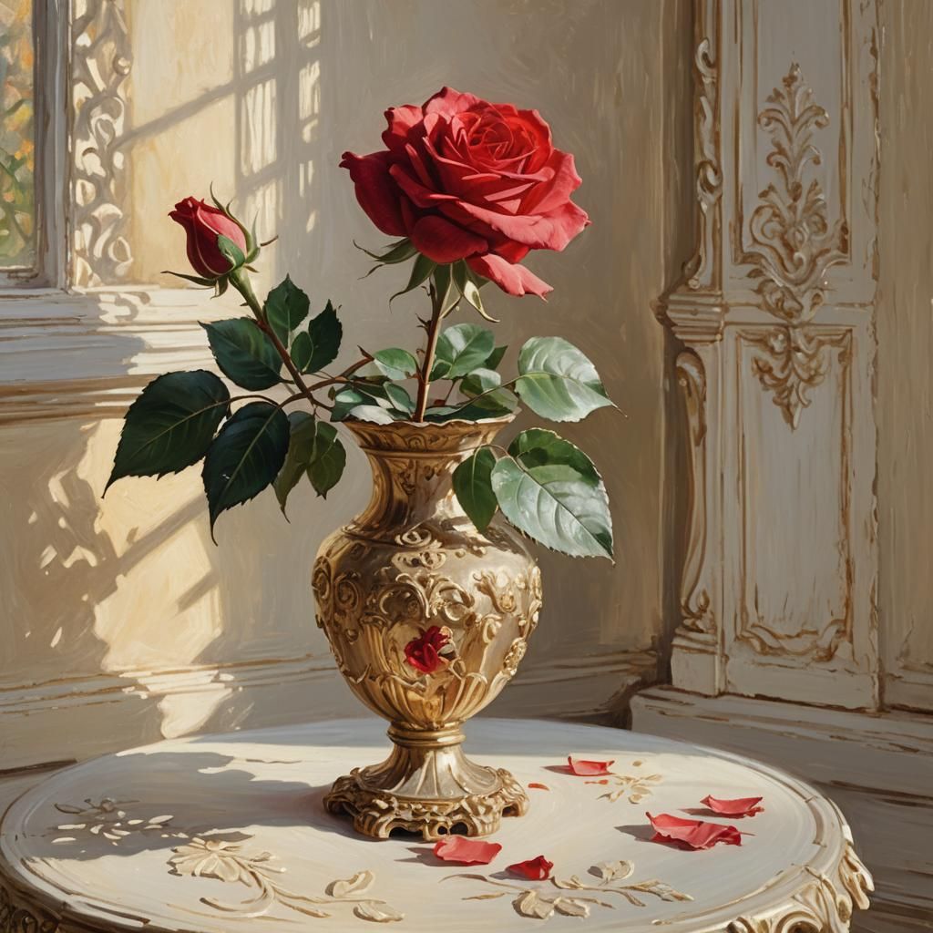 Red Rose Still Life in Impressionist Oil Painting