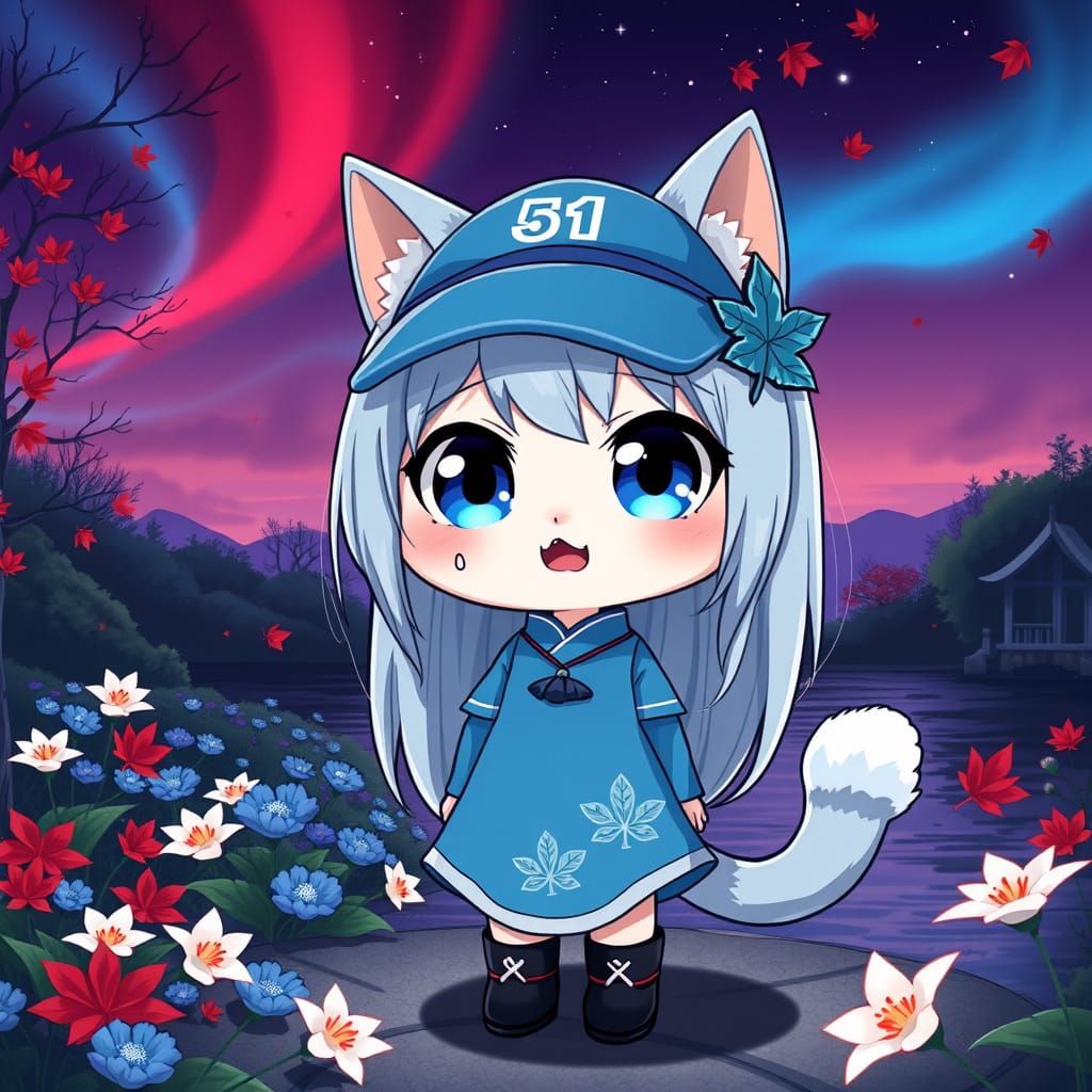 Chibi Anime Catgirl Contemplates Nature
