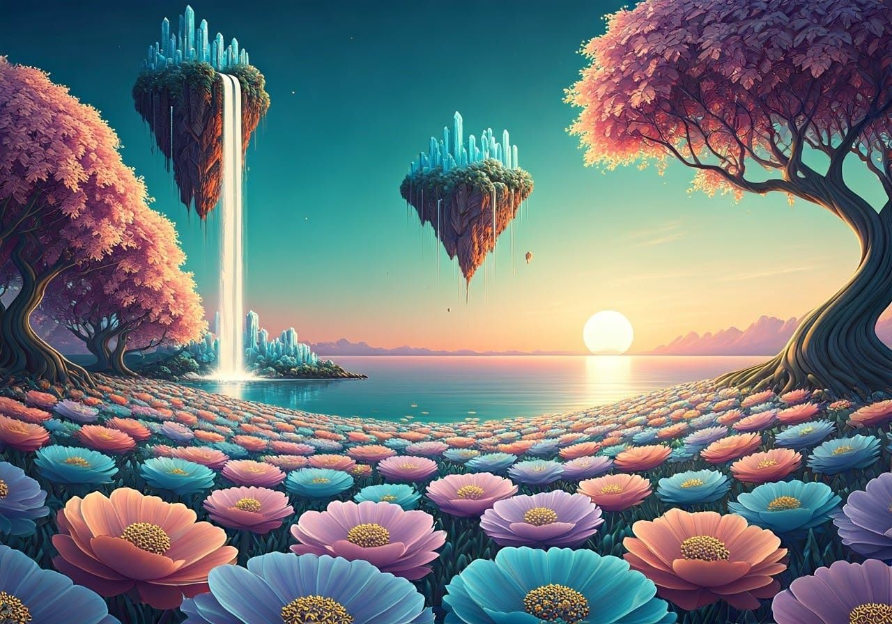 Dreamlike Landscape with Crystalline Structures and Islands