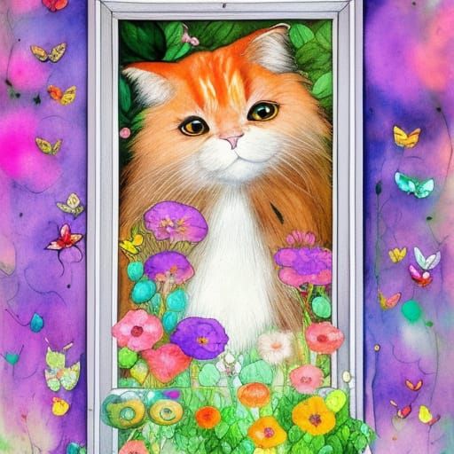 Colorful Cat Surrounded by Flowers, Digital Illustration