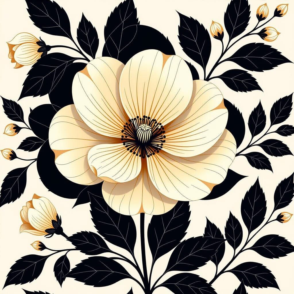 Botanical Art Lith Print With Champagne & Black Accents