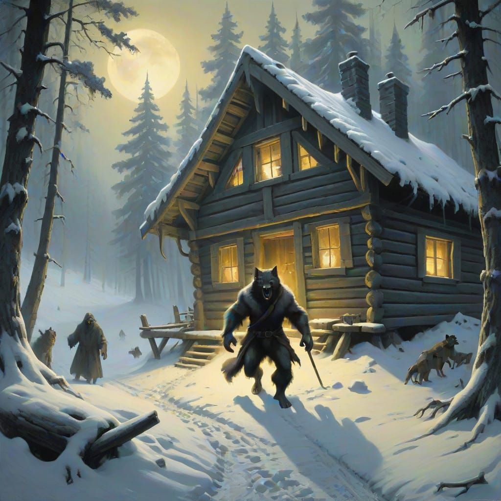 Wolfman Haunts Snowy Cabin in Dark Forest