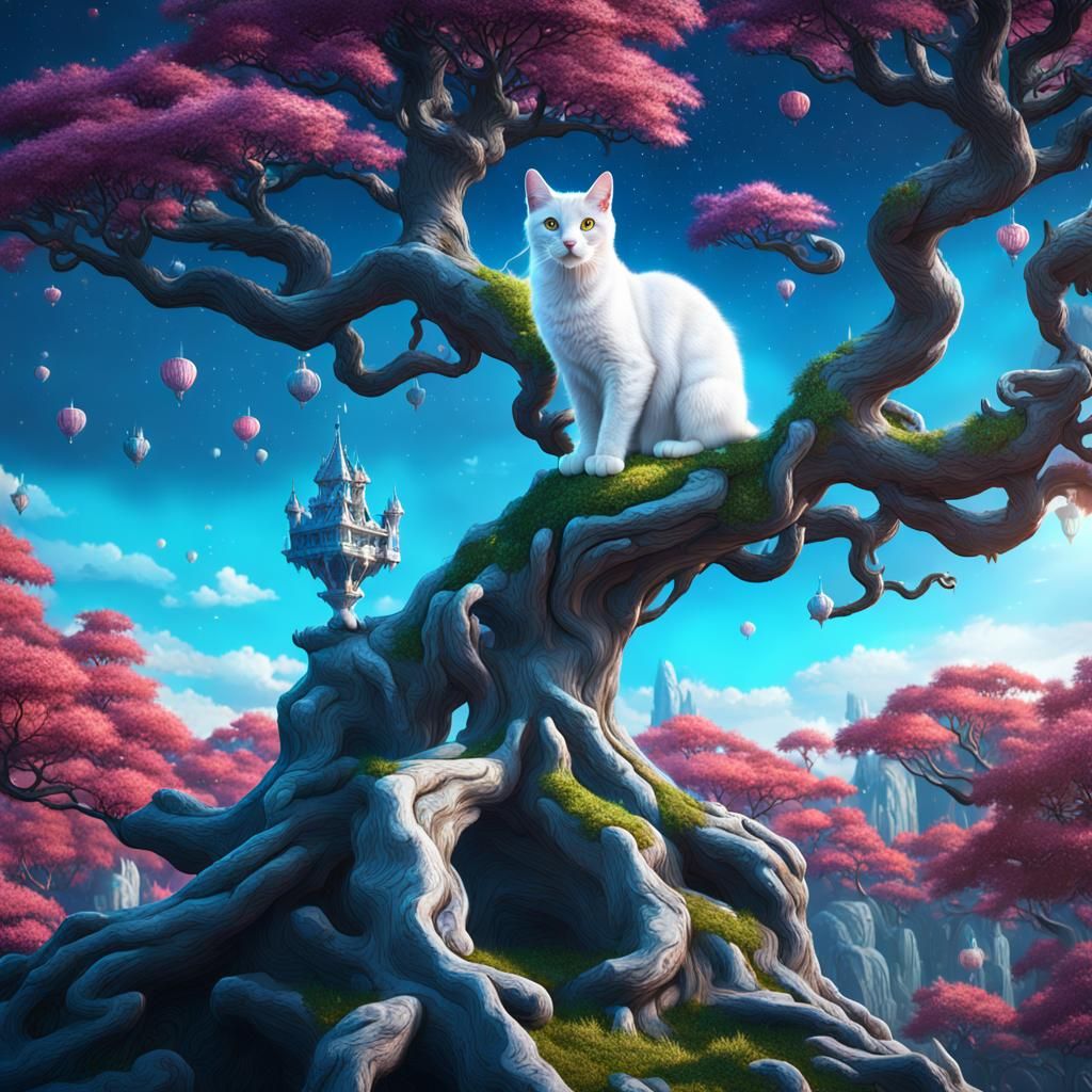 White Cat on Magical Tree: Fantasy Concept Art