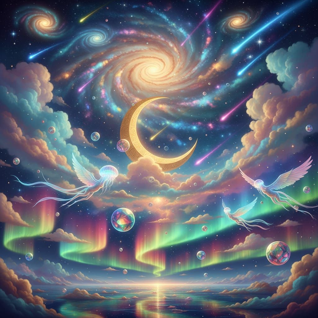 Surreal Celestial Dreamscape with Rainbow Galaxies and Cryst...