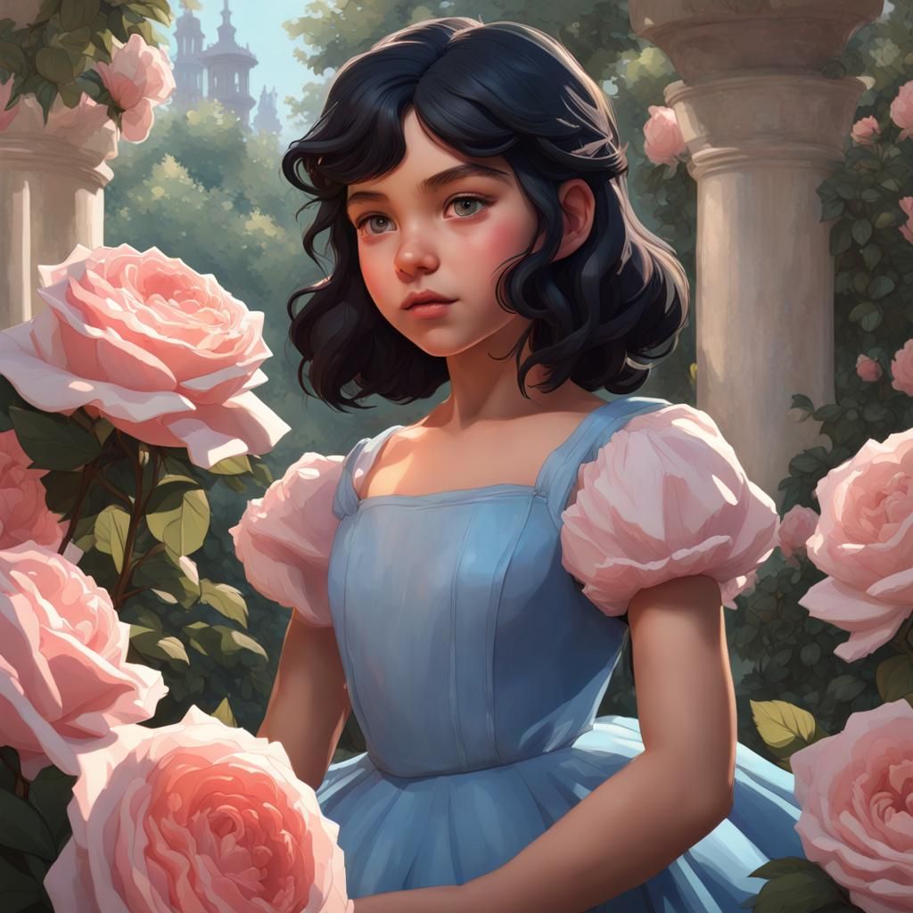 Girl in Blue Dress in Rose Garden, Detailed Portrait