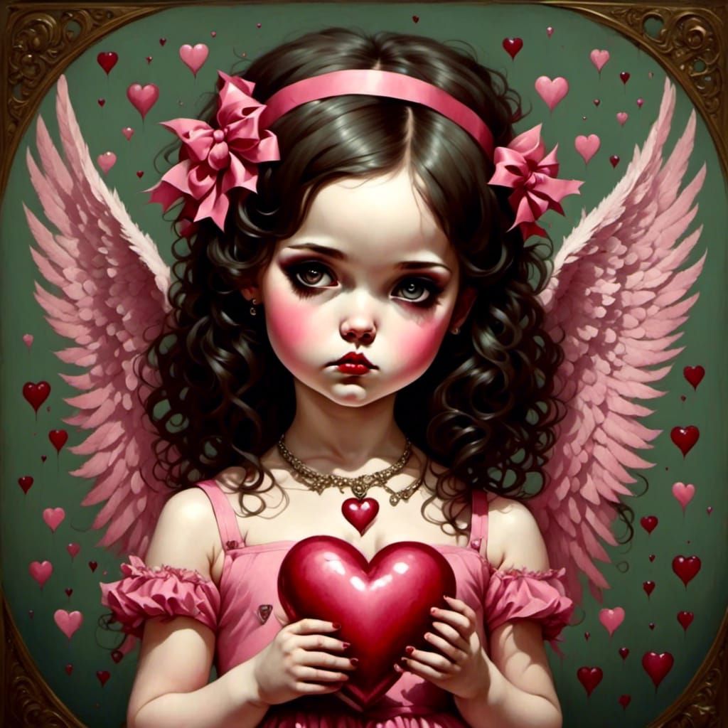 Angel Girl Holding Heart in Pop Surrealist Style