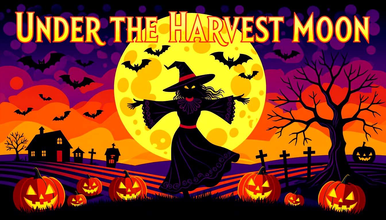 Halloween Harvest Moon Farm Scene in Art Deco Nouveau Style