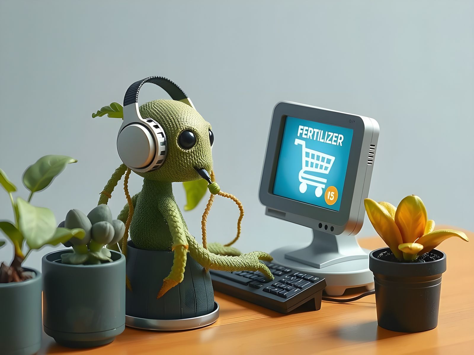 Potted Plant Uses PC to Order Fertilizer Online