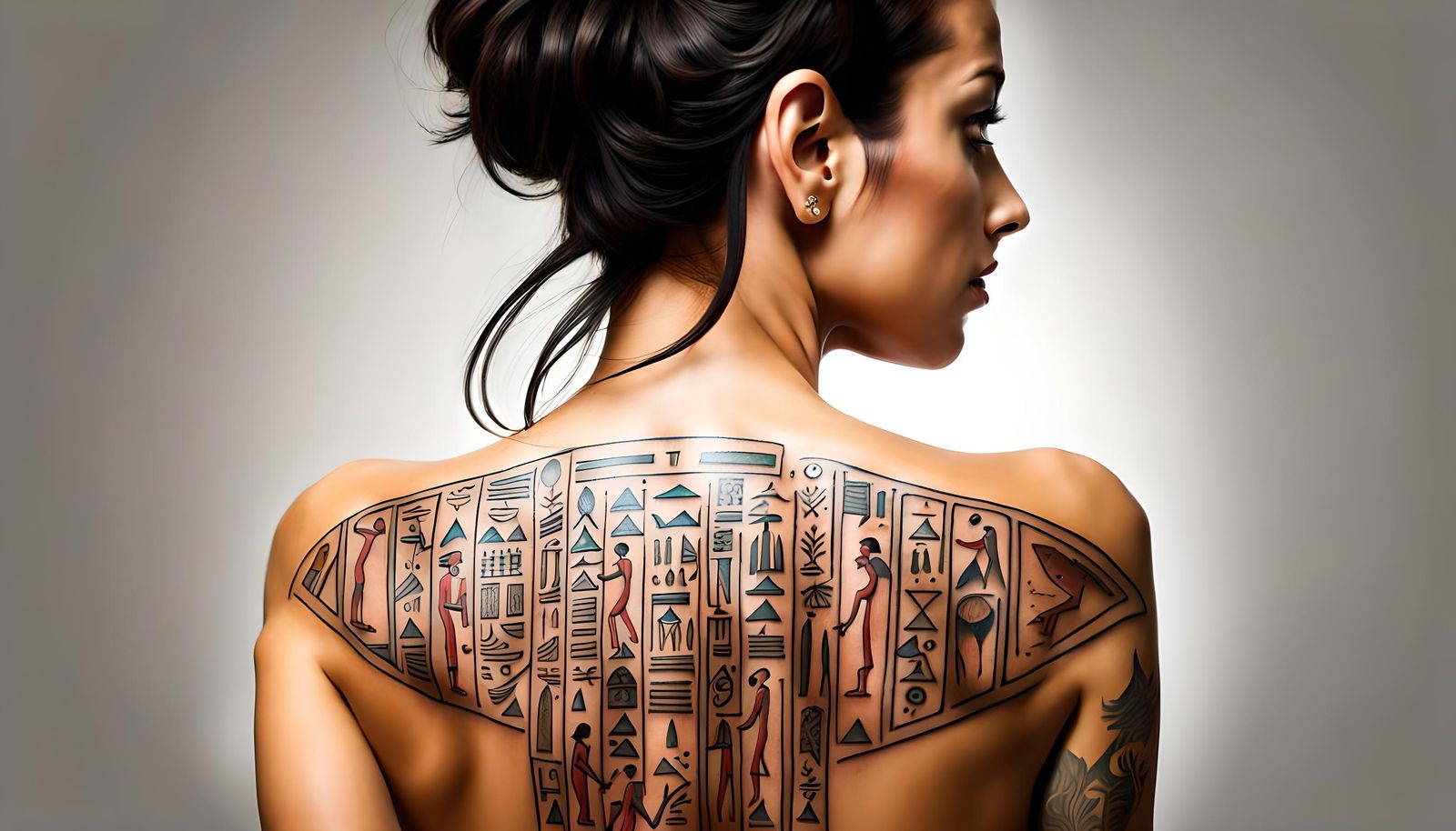 Woman with Egyptian hieroglyphs tattoos