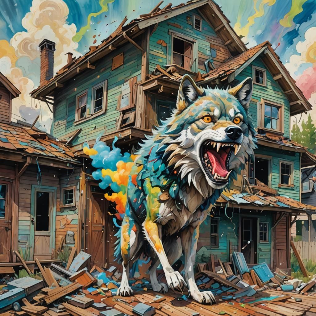 Wolf Blows House Down: Psychedelic Impressionist Gouache
