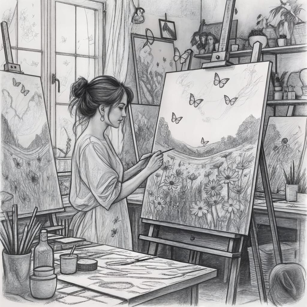 Artist Sketches Meadow Scene as Butterflies Escape Canvas