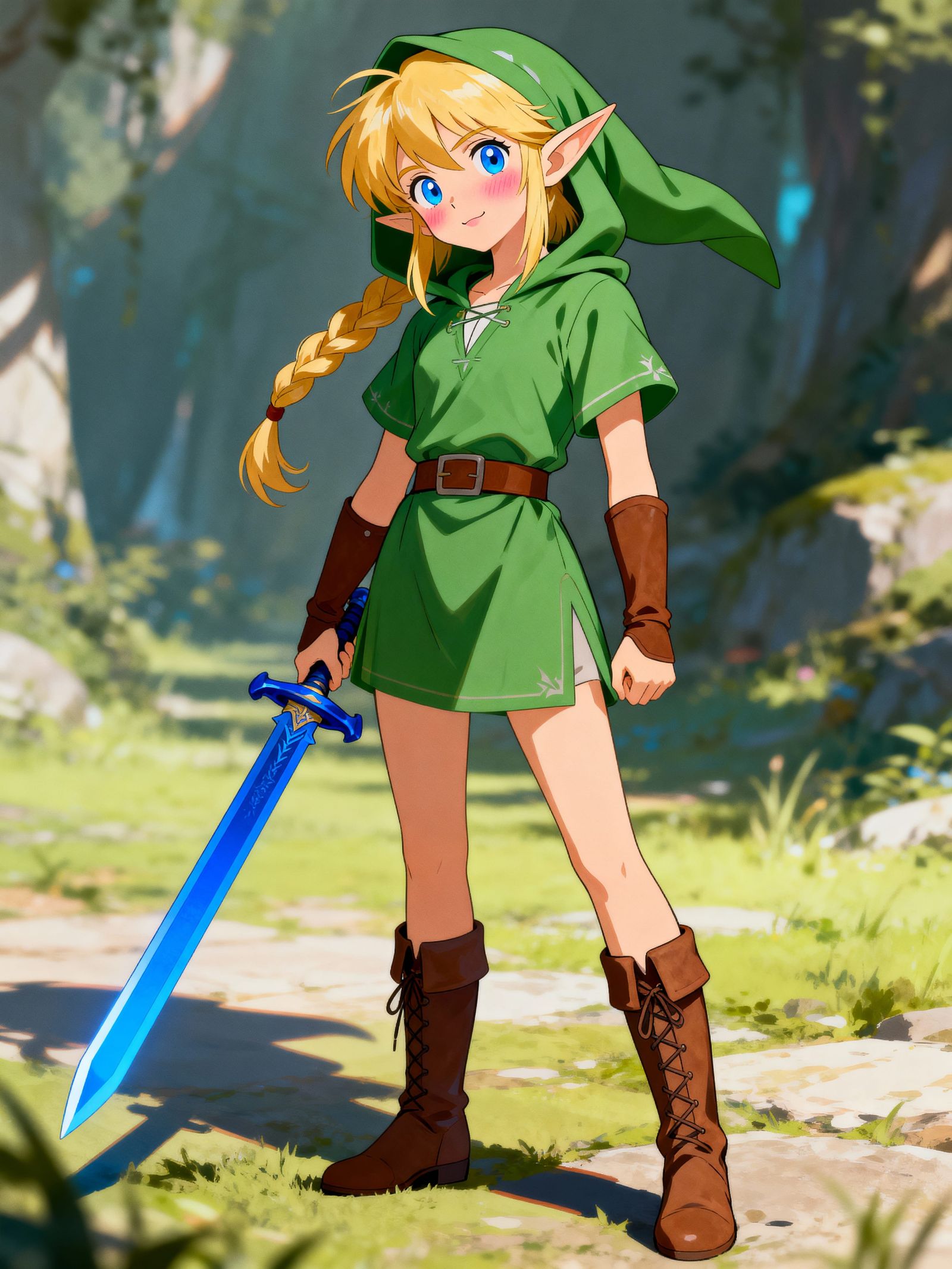 Anime Warrior Girl with Blue Sword and Green Hood