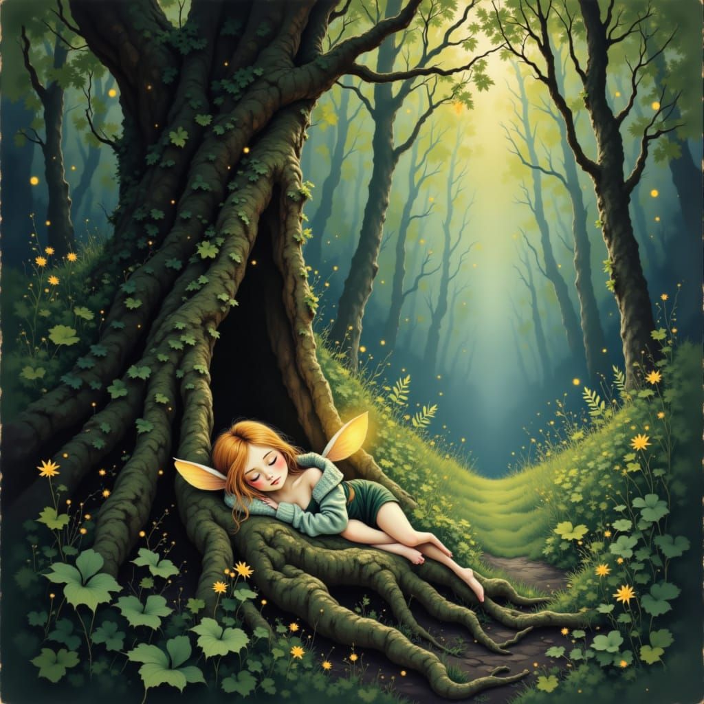 Shy Dryad Spirit Sleeps Among Ancient Tree Roots