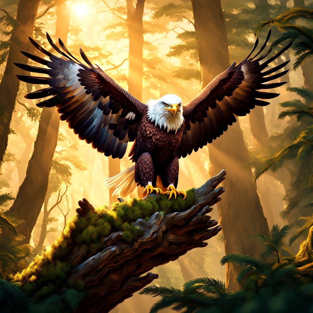 Eagle Perched in Lush Forest with Golden Hour Lighting
