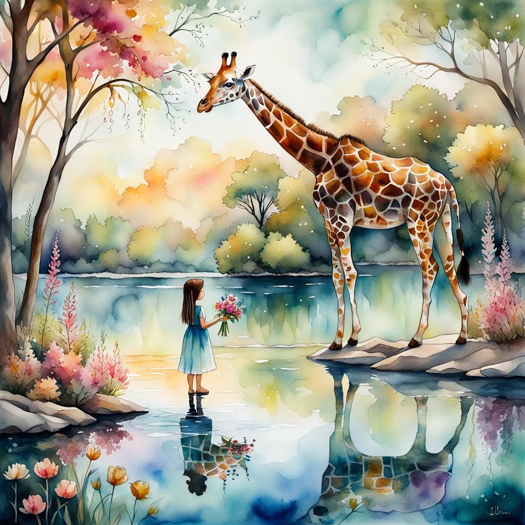 Girl Offers Flowers to Giraffe: Watercolour Alcohol Ink