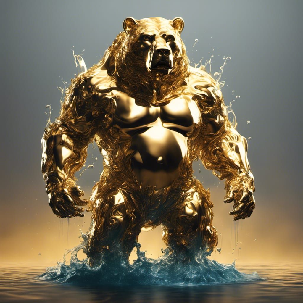 Golden Chrome Bear Emerging from Pool